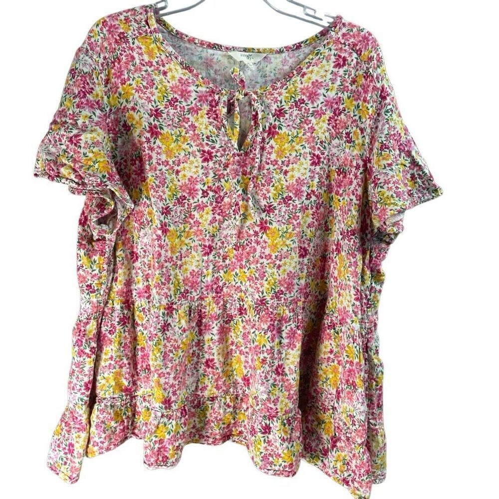 TERRA SKY Womens Cotton Floral Blouse Ruffle Tie Up Front Flutter Sleeves Sz 3X